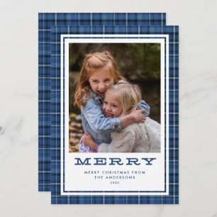 Merry Blue Plaid Single Photo Holiday Card