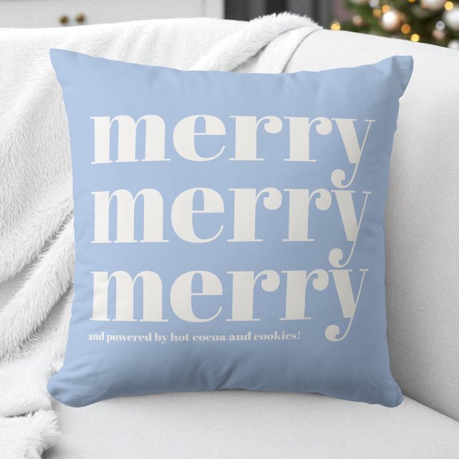 Merry Blue White Typography Fun Christmas Holiday Cushion (Merry Blue White Typography Fun Christmas Holiday Throw Pillow)