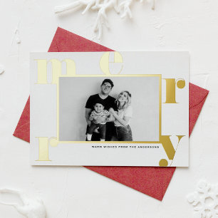 Merry Bold Typography Modern Photo Christmas Foil Holiday Card