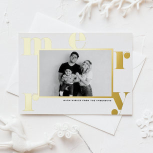 Merry Bold Typography Modern Photo Christmas Foil Holiday Postcard