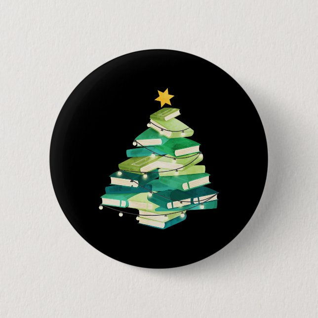 Merry Bookmas Books Pine Tree Fun Reading Lover Ch 6 Cm Round Badge (Front)