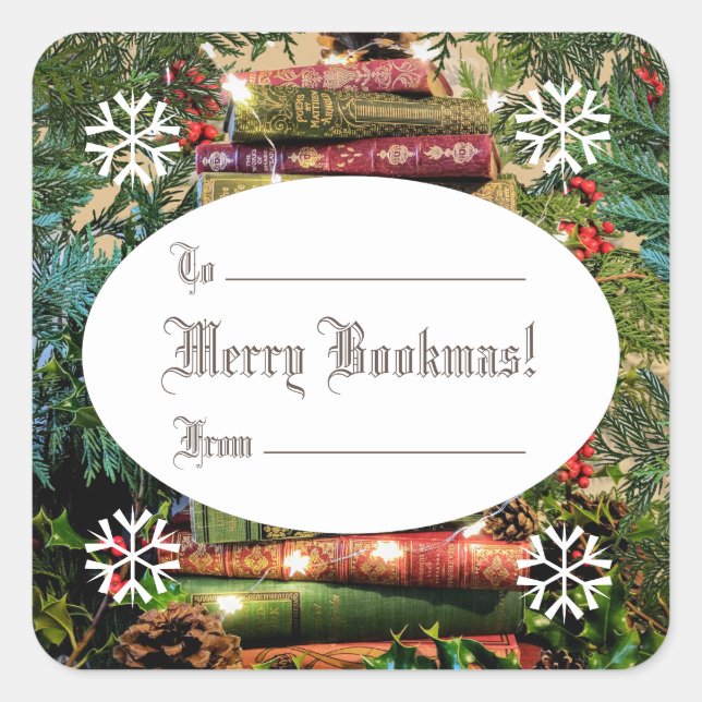 Merry Bookmas! Bookstack Square Sticker (Front)