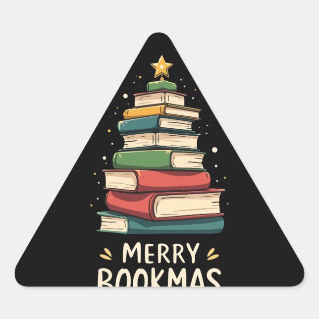 Merry Bookmas - Festive Book Stack for Book Lovers Triangle Sticker (Front)