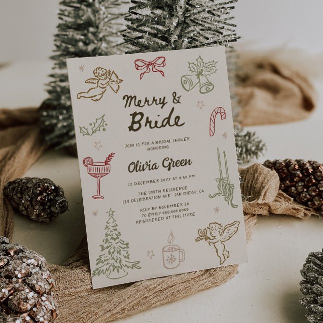 Merry & Bride Hand Drawn Christmas Bridal Shower Invitation (Creator Uploaded)