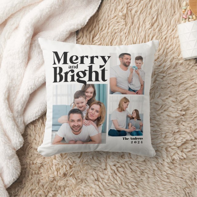 Merry & Bright 3 Family Photo Collage Christmas Cushion (Blanket)
