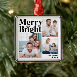 Merry & Bright 3 Family Photo Collage Christmas Metal Ornament