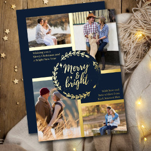 Merry & Bright 4 Photo Collage Dark Blue and Gold Foil Holiday Card