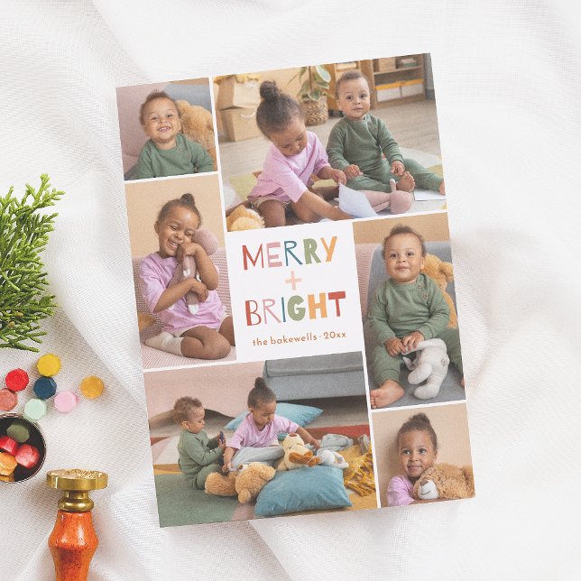 Merry & Bright 6 Photo Collage Christmas Holiday Card (Creator Uploaded)