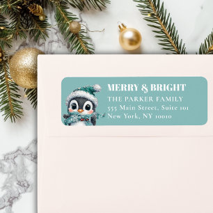 MERRY & BRIGHT! Adorable, Penguin With Santa Hat Return Address Label