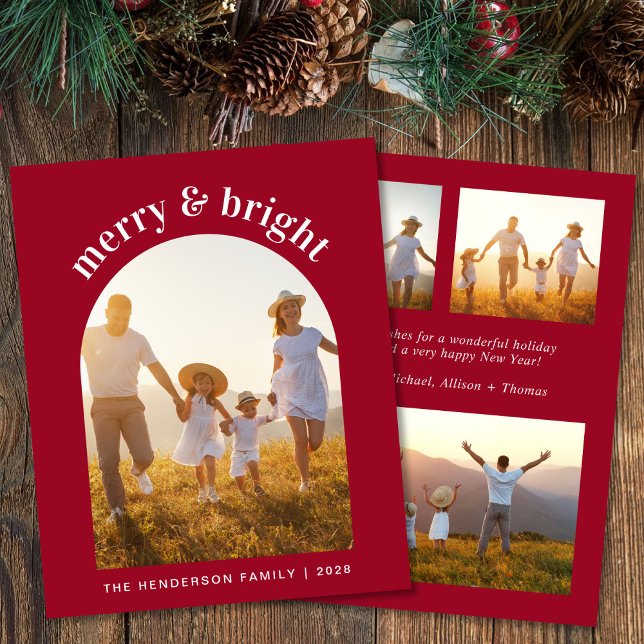 Merry Bright Arch Photo Red Budget Christmas Card (Share the love and warmth of the season with your personalized photo Christmas card)
