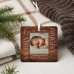 Merry Bright Baby 1st Christmas Photo Woodgrain Metal Tree Decoration