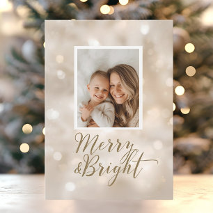 Merry & Bright Beige Gold Christmas Photo Holiday Card