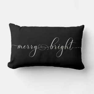 Merry Bright Black Calligraphy Holiday Christmas Lumbar Cushion