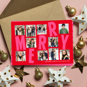 Merry bright bold 10 photo red pink Christmas Holiday Card