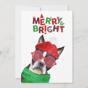 Merry & Bright Boston Terrier Glasses Hat Scarf  Holiday Card