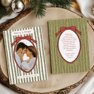 Merry & Bright Bow Green Stripes Photo Christmas Holiday Card