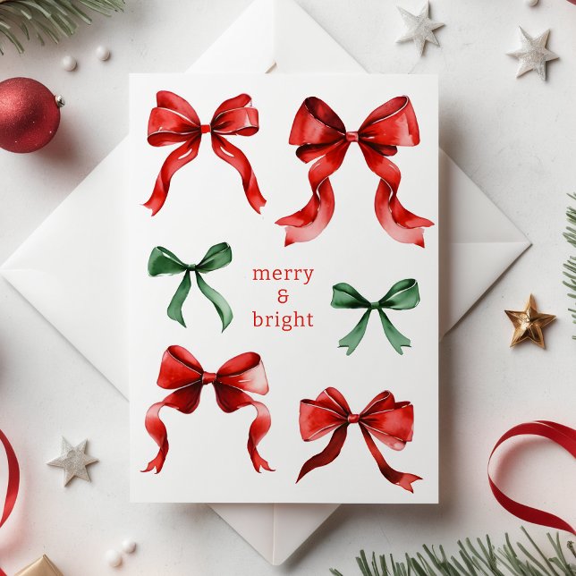 Merry Bright Bows Watercolor Christmas  Holiday Postcard (Merry Bright Bows Watercolor Christmas Holiday Card)