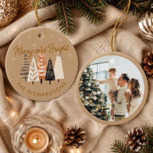 Merry & Bright Brown Personalised Christmas Photo Ceramic Ornament