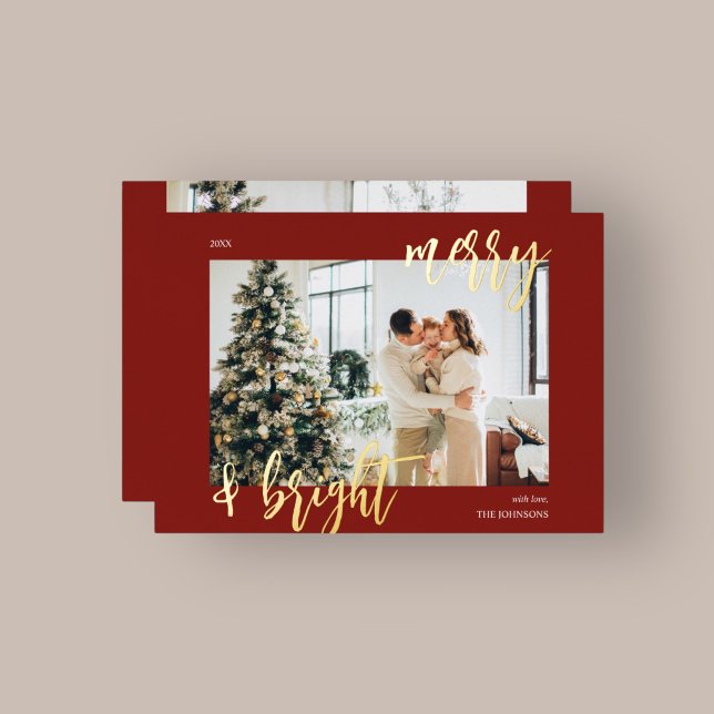 Merry Bright Brush Script Photo Red Foil Holiday Card (Creator Uploaded)