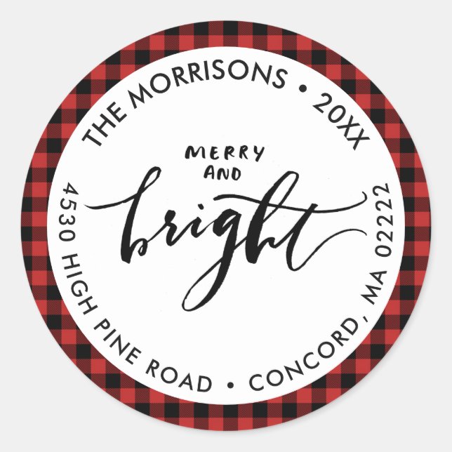 Merry Bright Buffalo Plaid Christmas Your Address Classic Round Sticker (Front)