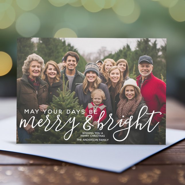 Merry & Bright Calligraphy - Full Horizontal Photo Holiday Card (Christmas Photo card with one large photo and modern script on top of the pic. )