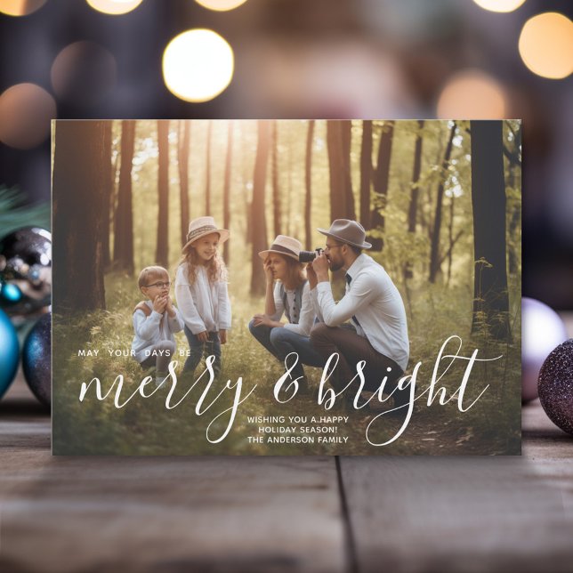 Merry & Bright Calligraphy - Full Horizontal Photo Holiday Card (Modern Christmas Photo Greeting Card)