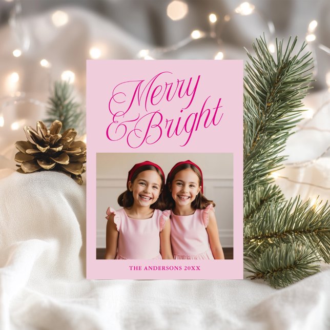 Merry & Bright Calligraphy Pink Photo Holiday Card (Creator Uploaded)