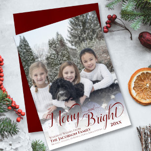Merry & Bright Calligraphy Script Burgundy Photo Holiday Card