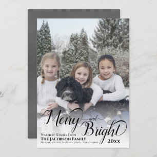 Merry & Bright Calligraphy Script Grey Photo Holiday Card