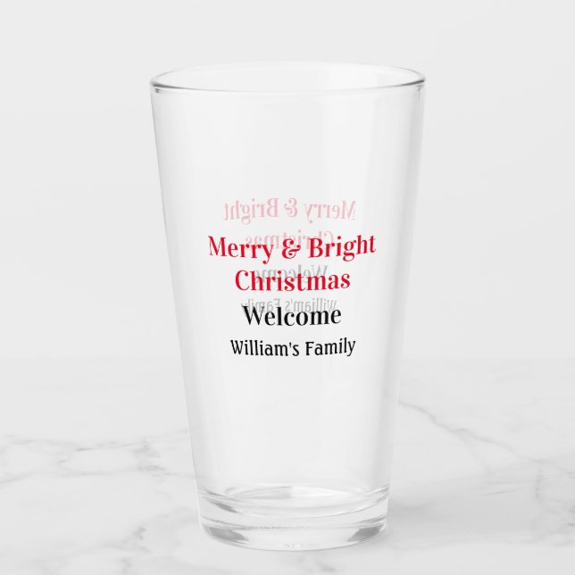 Merry Bright Christmas add family name welcome joy Glass (Front)