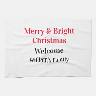 Merry Bright Christmas add family name welcome joy Tea Towel
