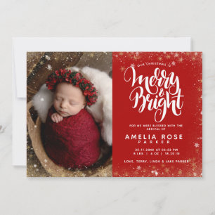 Merry Bright Christmas Baby Photo Snowflake Birth Announcement