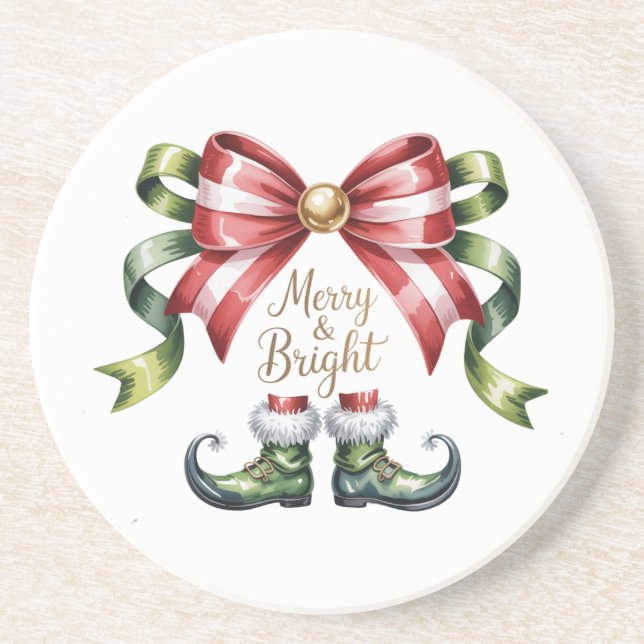 Merry & Bright Christmas Bow & Elf Shoes Coaster (Front)