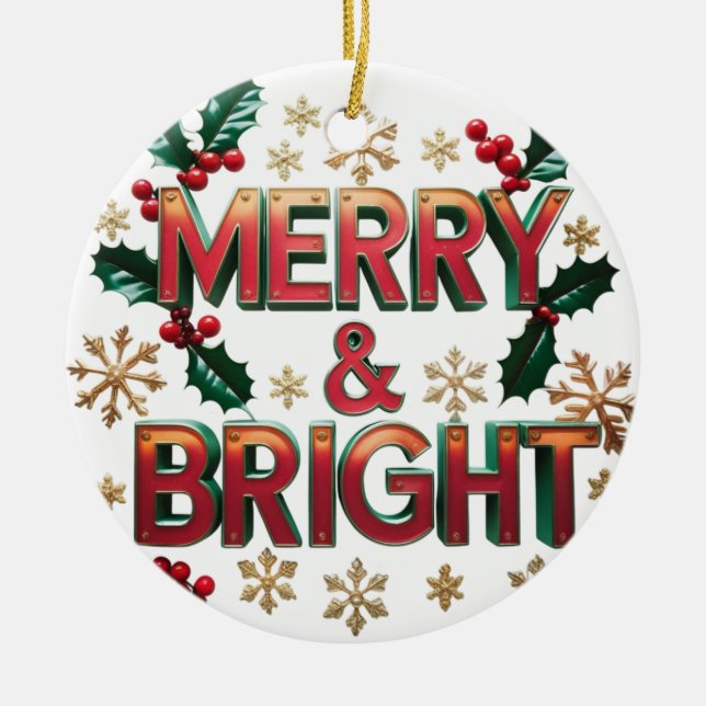 Merry & Bright Christmas Ceramic Circle Ornament  (Front)