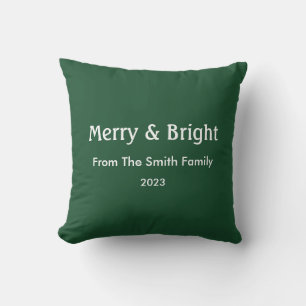 Merry & Bright Christmas Custom Name Hunter Green Cushion