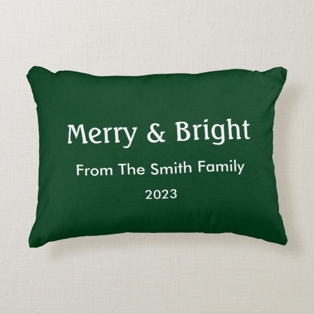 Merry & Bright Christmas Custom Name Hunter Green Decorative Cushion (Front)