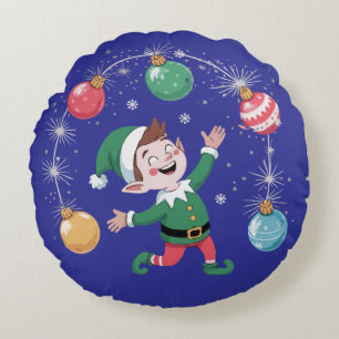 Merry & Bright Christmas Elf Cute Holiday Round Cushion