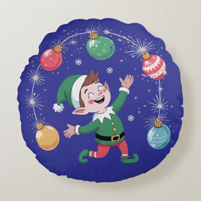  Merry & Bright Christmas Elf | Cute Holiday  Round Cushion (Front)