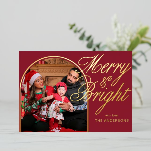 Merry & Bright Christmas Family Photo  Foil Holiday Card (Standing Front)