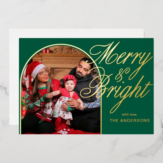Merry & Bright Christmas Family Photo  Foil Holiday Card (Front/Back)