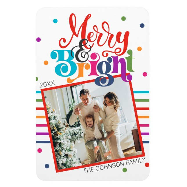 Merry & Bright Christmas Family Photo Holiday Card Magnet (Vertical)