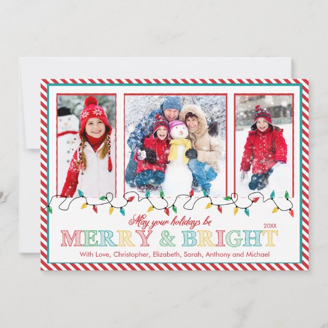 Merry & Bright Christmas Lights 3 Photo Greeting Holiday Card (Front)