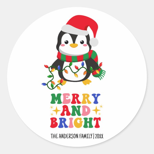 Merry & Bright Christmas Penguin Classic Round Sticker (Front)
