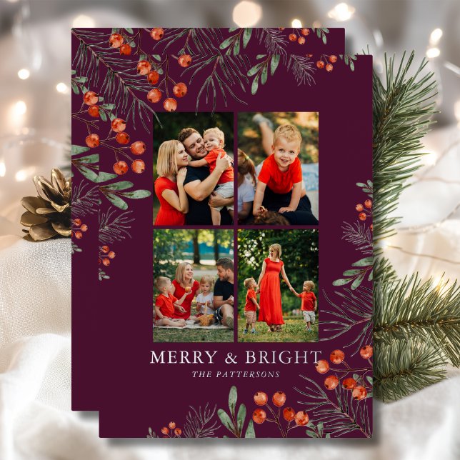 Merry & Bright Christmas Photo Collage Floral Foil Holiday Card (Creator Uploaded)