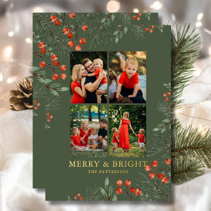 Merry & Bright Christmas Photo Collage Floral Foil Holiday Card