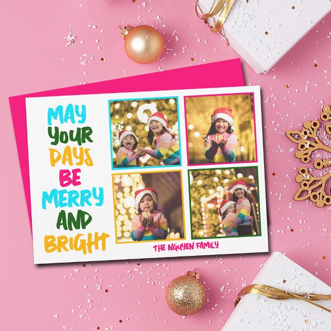 Merry Bright Christmas Photo Collage Pink Holiday Card (Creator Uploaded)