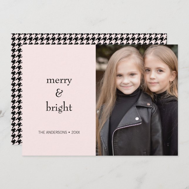 Merry & Bright Christmas Pink and Black Photo Holiday Card (Front/Back)