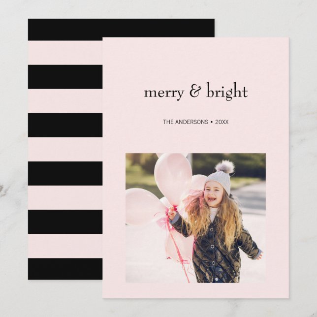Merry & Bright Christmas Pink and Black Photo Holiday Card (Front/Back)