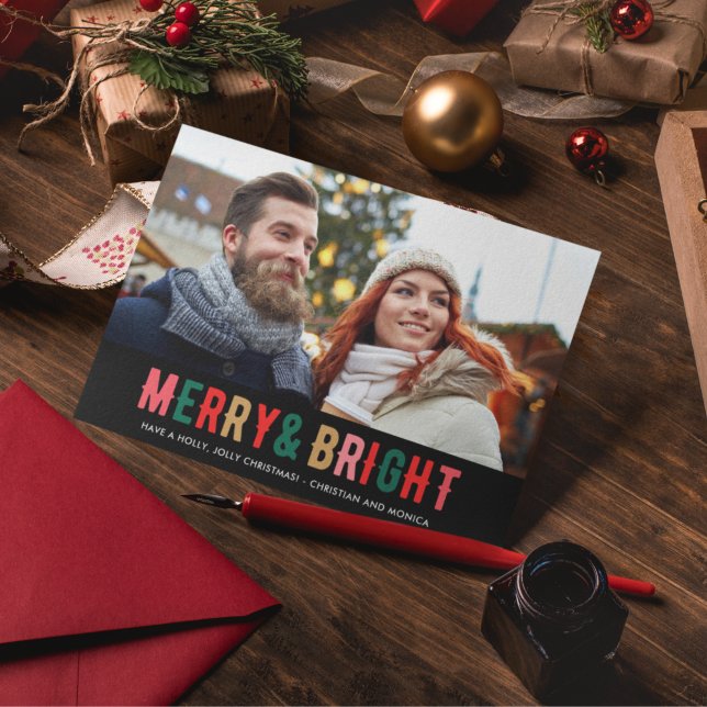 Merry Bright Christmas Plaid Photo Couple's  Holiday Card (Creator Uploaded)