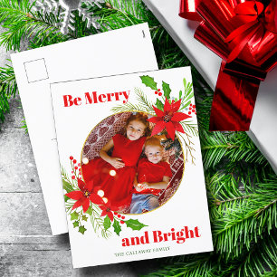 Merry & Bright Christmas Poinsettia Family Photo Holiday Postcard
